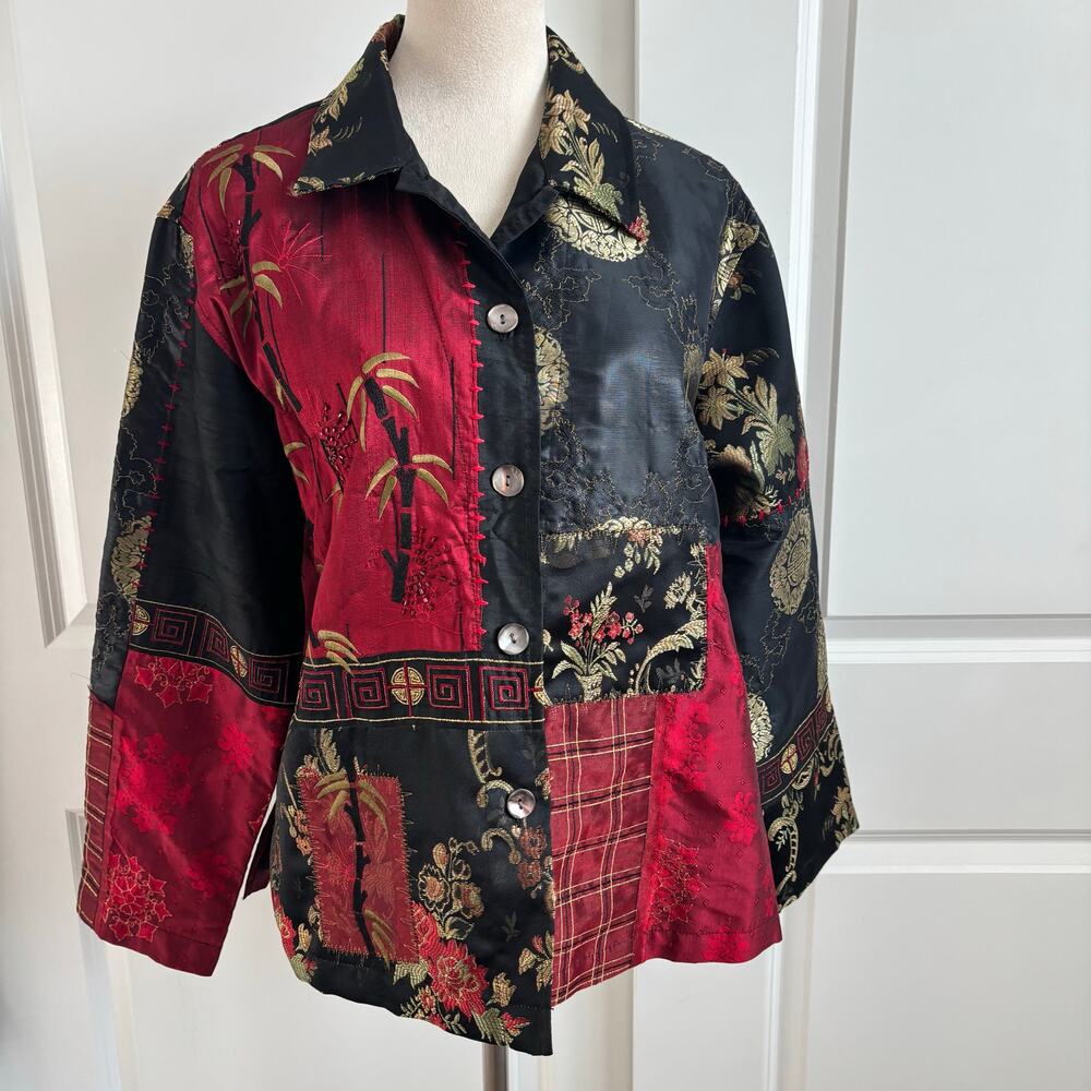Chico's‎ Silk Blend Patchwork Jacket 2 Large Asian Inspired Floral Bamboo Red